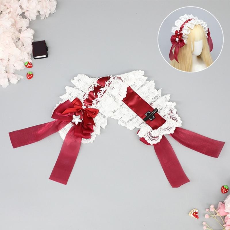 Lace Ribbon Headband Sweet Star Japanese Styles Anime Maid Costume Accessories for Teens Girl Women Halloween Props
