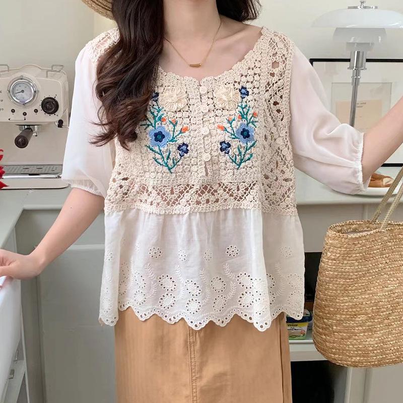 Women's French V-Neck Crochet Knit Cardigan - Chic Summer Fashion, Slimming Loose Fit, Versatile Top