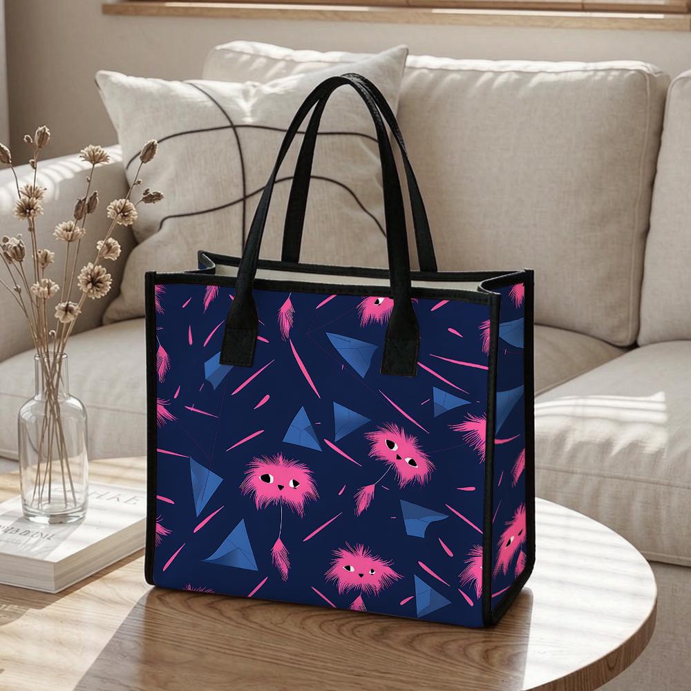 Cute Pink Monster Pattern Tote Bag Portable Fashionable Casual Daily Shoulder Handbag for Ladies Outdoor Use