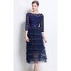 Solid Patchwork Embroidery Cascarding Ruffles Long Dress for Women Slash Neck Lace Hollow Out Office Work Dress Female Clothing
