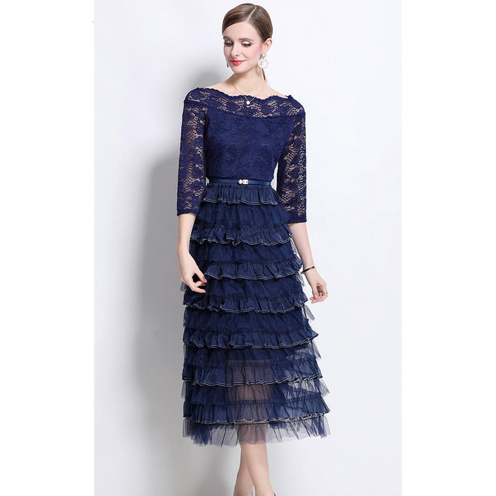Solid Patchwork Embroidery Cascarding Ruffles Long Dress for Women Slash Neck Lace Hollow Out Office Work Dress Female Clothing
