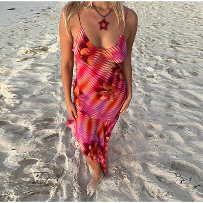 Bedrucktes rückenfreies Slip-Kleid für Damen im Retro-Stil, romantisch, unregelmäßiger Saum, Rüschenkanten, sexy Sommer-Hosenträger-Langes Kleid