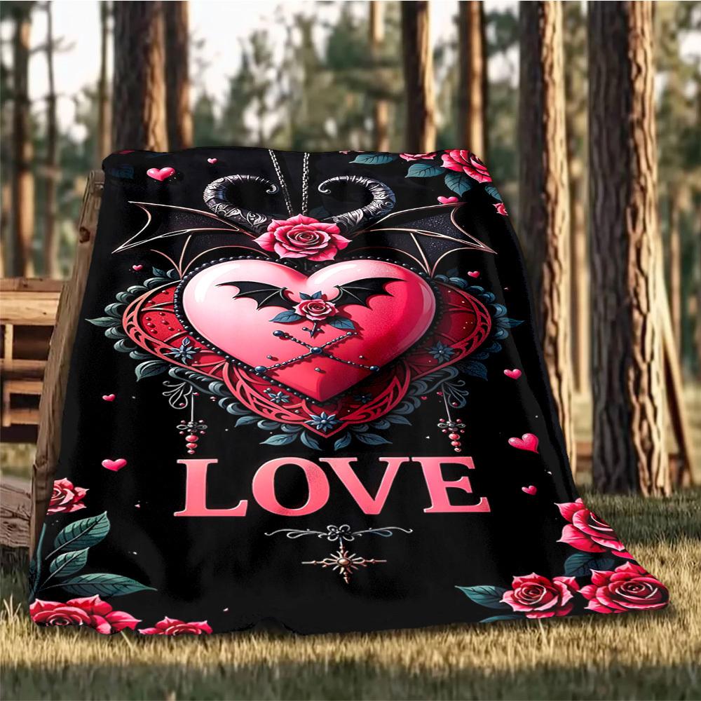 1pc Heartbeat Roses Outdoor Flannel Blanket Soft All Season Polyester Throw , Perfect for Picnics & Travel , Picnic Accessory