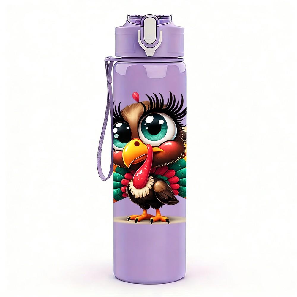 1PC Turkey Bird Fiesta Carnival Print 750ml Color Plastic Sports Water Bottle Leakproof Flip Straw Lid Suitable for Sports Office Home Use