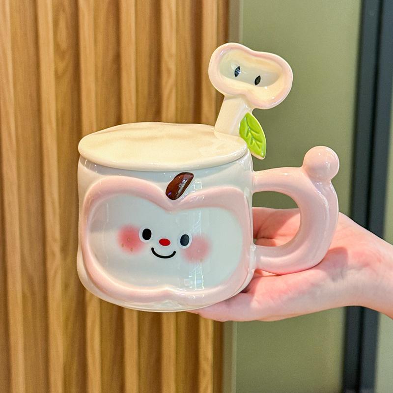 Roztomilý ručně malovaný jablečný keramický hrnek s víčkem a lžičkou, hrnek na pití, dívčí dárková krabička k narozeninám