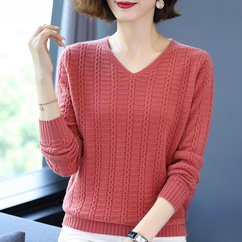 

Женский весенне-осенний вязаный свитер с V-образным вырезом для мам - Пуловер с кабельным узором, топ с вырезом сердечко , базовый слой 3XL кирпич красный