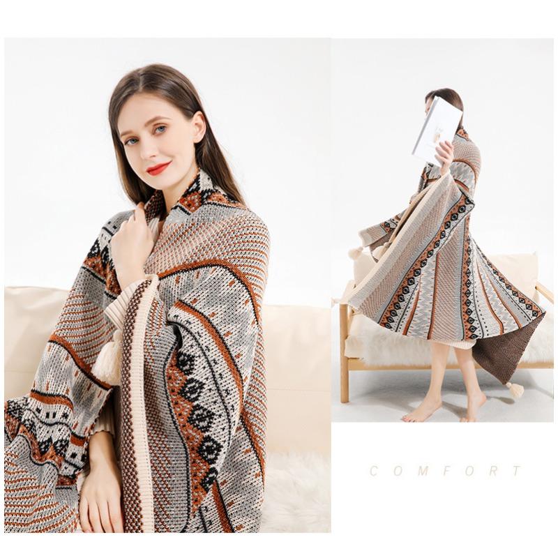 Boho Throw Blanket Ethnic Wave Tassel Knitted Sofa Cover Blanket Window Air Conditioning Blanket Cozy Office Home Napping Blanket
