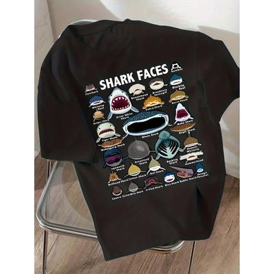 European Sizes Boys' Shark And Marine Life T-Shirt - Short-Sleeve Summer Top Featuring a Shark Face, Labeled Shark Species