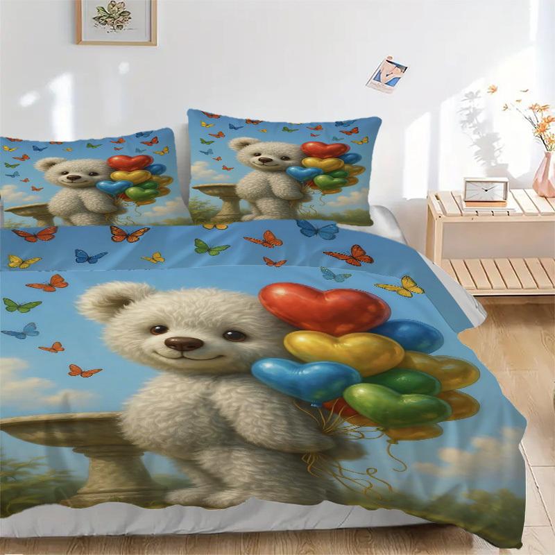 3pcs Anime Teddy Bear Balloons Butterflies Bedding Set - Includes One Quilt Cover and Two Pillowcases (No Core) - Polyester Fabric, Perfect