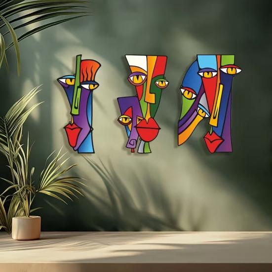 3 Pcs Abstract Face Wood Wall Art Minimalism Face Wall Sculpture Geometric Line Wall Hanging Sign for Living Room Bedroom Bathroom Porch Fence