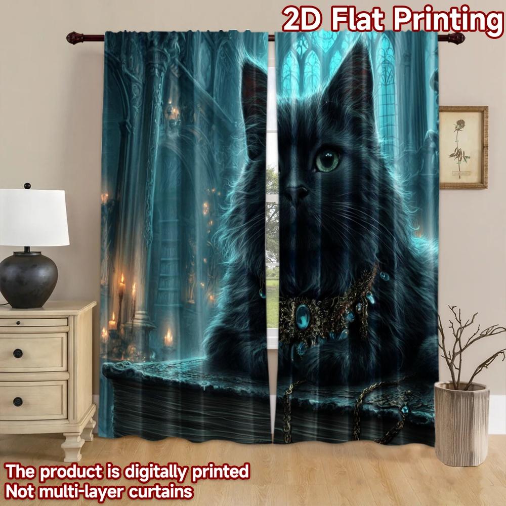 2D flat printing 2pcs Scene Curtains Black Cat Green Eyes Mystical Digital Printed Polyester Drapes Holiday Decorations Use for