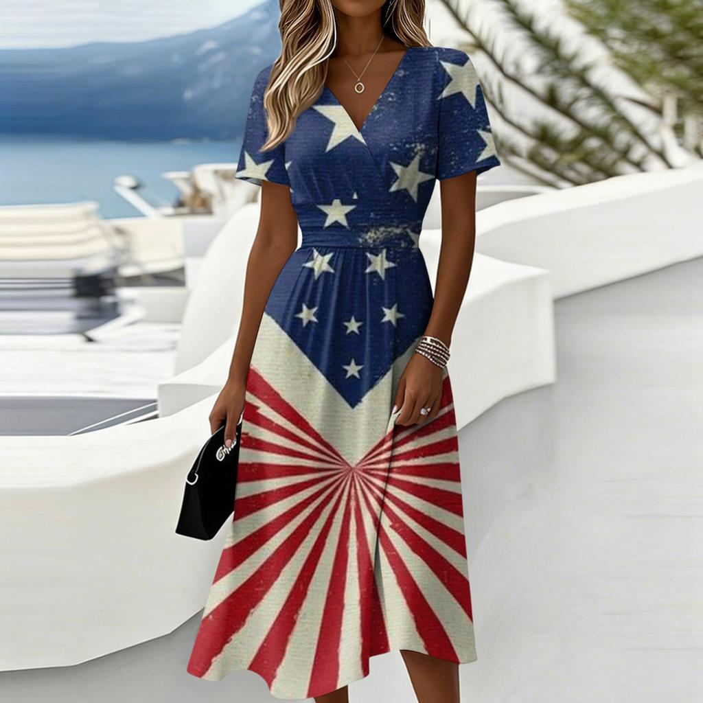 Women's Independence Day Print Casual Fashion Short Sleeve V-Neck Dress