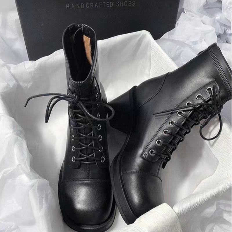 Fashion Womens Boots Fashion Thick Heel Ankle Boots Luxury High Top Leather Boot Lace Up Motorcycle Boots Women Middle Tube Leather Boot