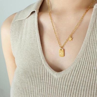 Five-Pointed Star Square Pendant Hoodie Necklace for Women – Titanium Steel Clavicle Chain with a Unique Christmas Design.