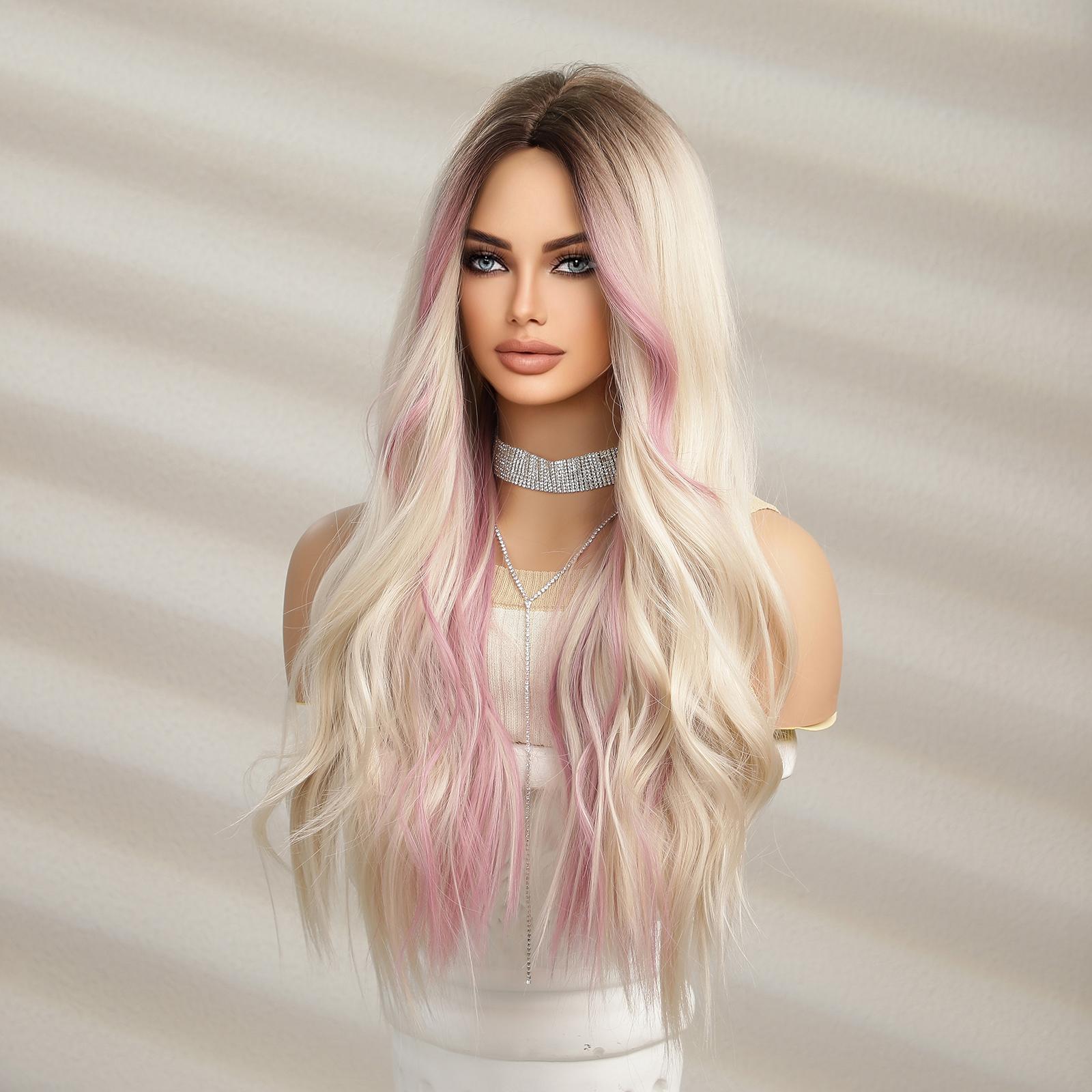 Длинные платиновые розовые волнистые синтетические волосы для косплея — фото 4