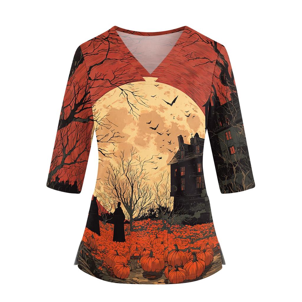 Women's V Neck Costume Top with Pockets Side Slits 3/4 Sleeves Halloween Print for Party