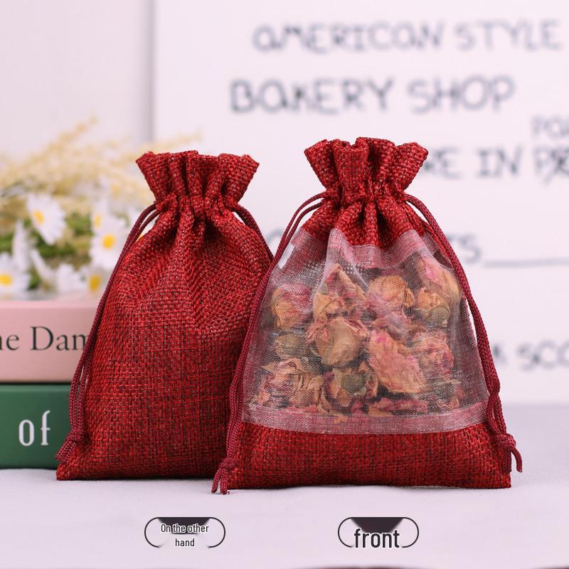 Super Source Hemp Drawstring Patchwork Mesh Bag for Cosmetics Organization