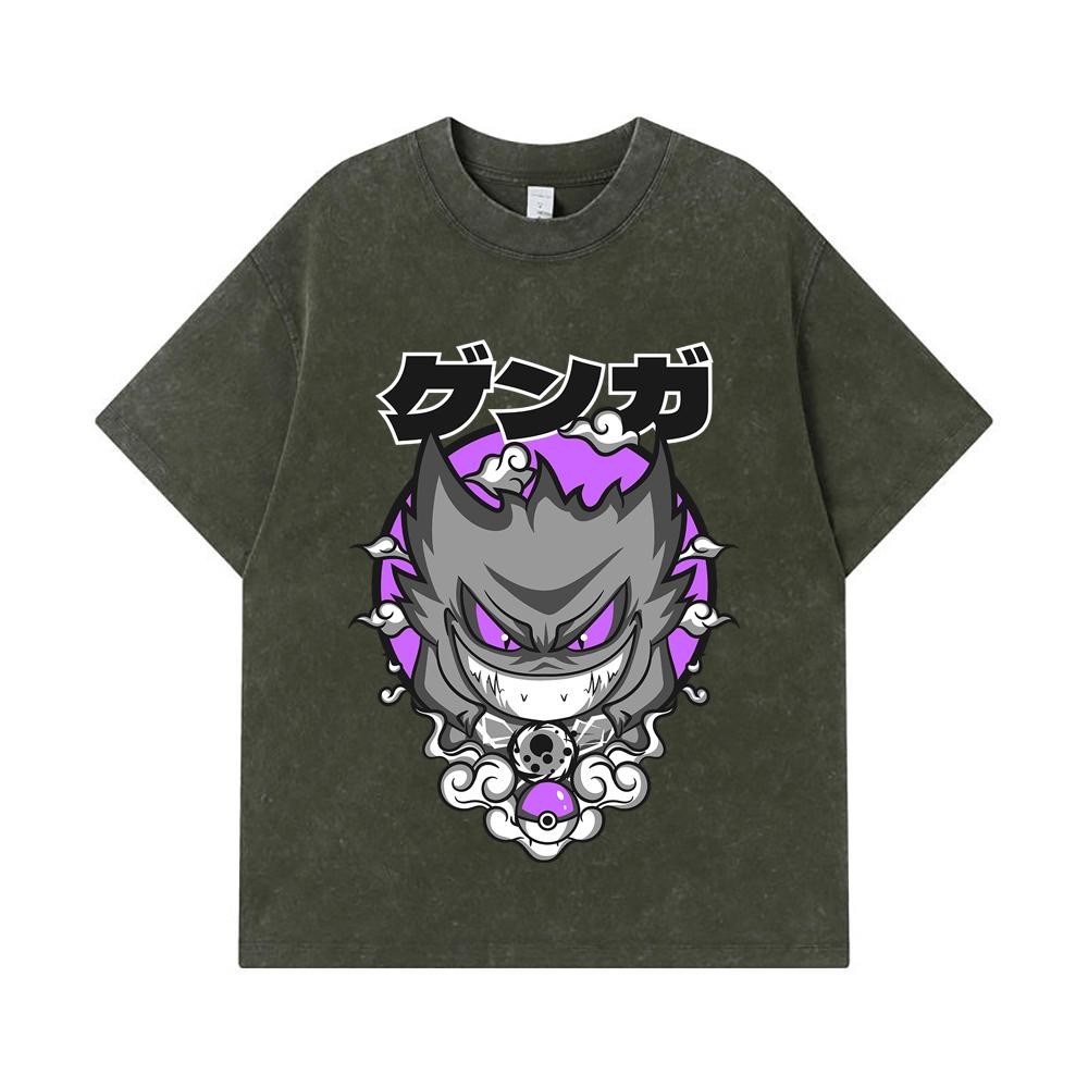 275 GSM Washed T-shirts 100% Cotton Pokemon V10 Gengar Print Unisex Heavy Cotton T Shirt S