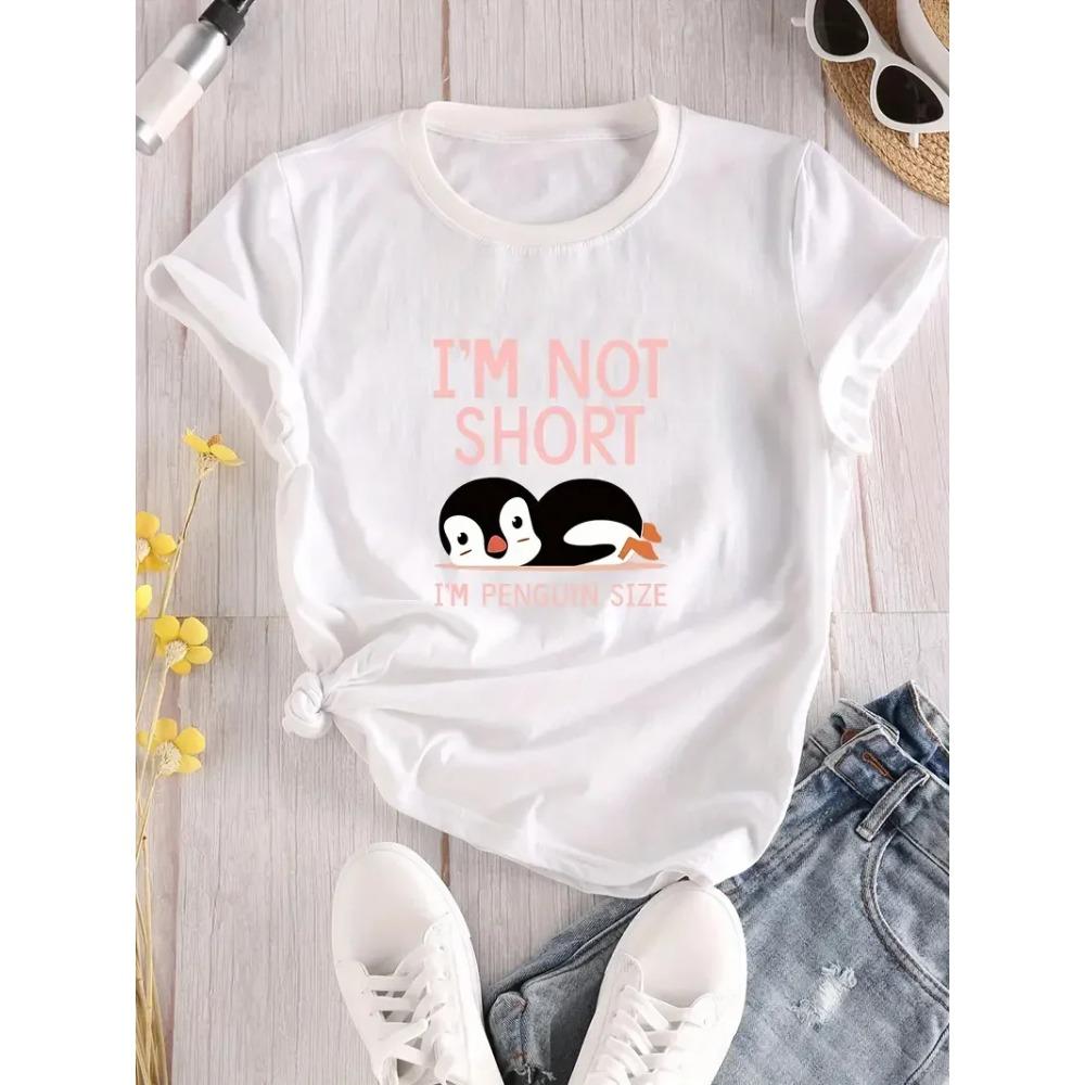 Ich bin nicht klein, ich bin Pinguin-Größe T-Shirt mit Buchstaben- und Tierprint Rundhals Kurzarm T-Shirt Lässige Alltags Oberteile Hemden für Damen