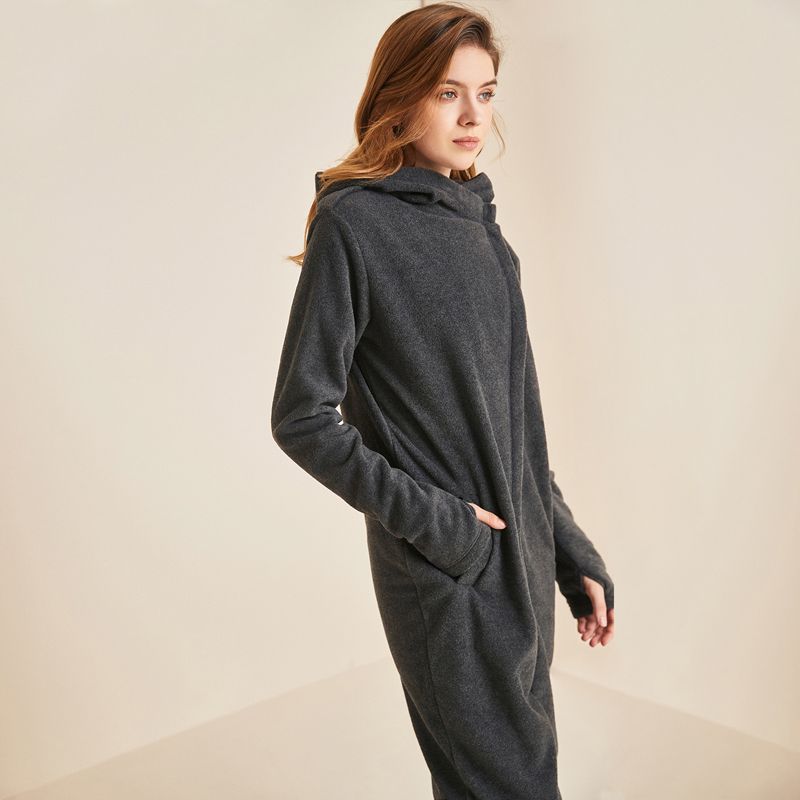 

Winter Hooded Jumpsuit Youth Couple Homewear Men s Long Sleeves Pajamas Zipper One-Piece Pajamas Jumpsuit Dark gray L