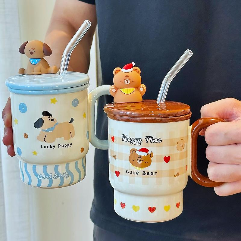 Cute Straw Cup for Drinking Water for Household Ceramic Mug with Lid Water Cup for Girls with High Appearance Office Coffee Cup