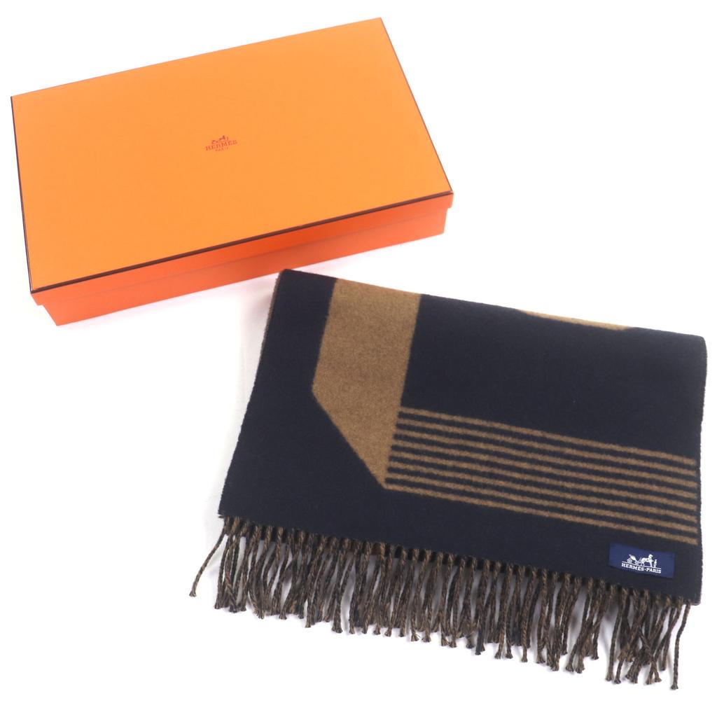 Excellent HERMES Scarf Sangle a Bookle With Fringe Navy Cashmere Mens Used