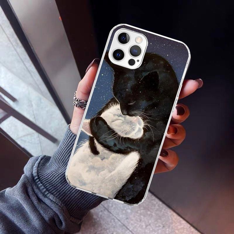 Cartoon Cute Black Cat Phone Case For iPhone 17 Air 16 15 Pro Max 14 Plus 13 Mini 12 11 Cover 7 8 SE Silicone Shell Print Fundas