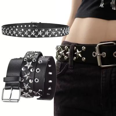 Women Punk Black Belt Retro Rivet Hollow Bullet Decoration Belt Fashion Leather Studded Goth Rock Wild Adjustable