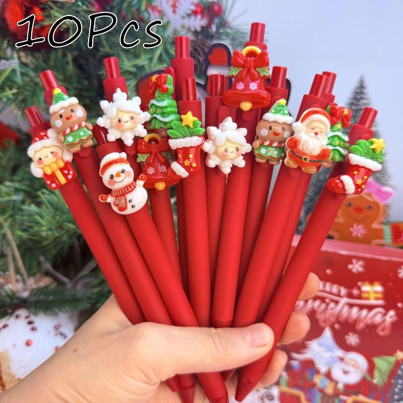 10Pcs Christmas Snowman Patch-Themed Retractable Ballpoint Pens - Red Soft Grip Pens with Random Christmas Designs, Fine Point, Ideal for Students and