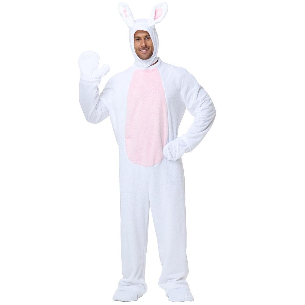 Adult Women Men Velvet Rabbit Animal Hooded Jumpsuit Halloween Cosplay Costumes School Stage Drama Show Performance Role Play Outfits