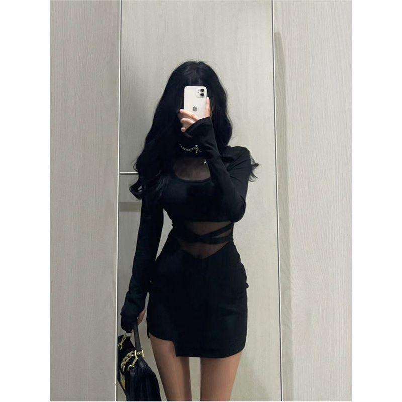 French Chic Design Mesh Long Sleeve Dress Women's Early Spring Spice Girls Sexy Tight Inside Hip Wrap Skirt