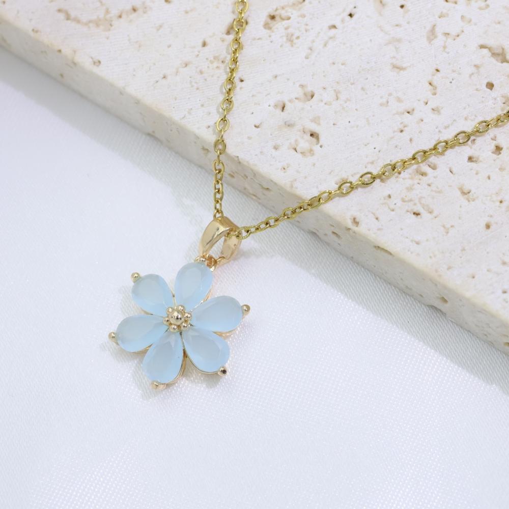 Women Cute Pink Flowers Pendant Stainless Steel Necklace