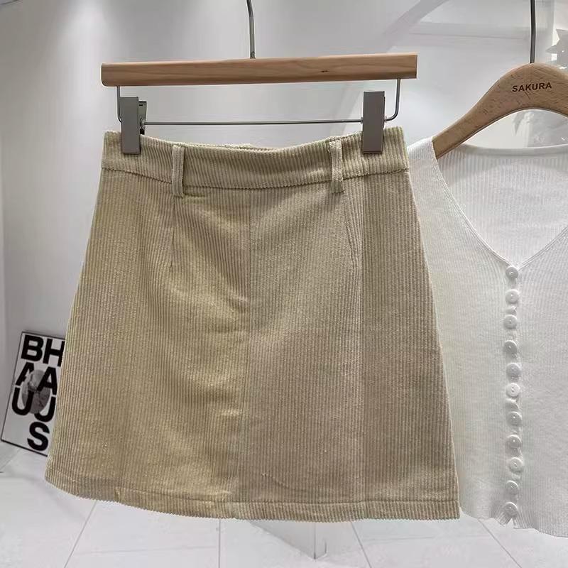 2024 Autumn Women's High-Waisted Corduroy A-Line Mini Skirt with Button, Slit, and Anti-Exposure Design - Korean Style Versatile Bodycon.