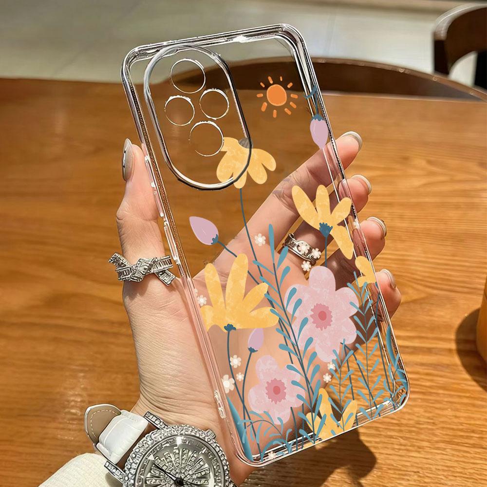 Rose Flower Oil Painting Phone Case For Honor 200 90 Lite X7 70 X8 Transparent Clear Shockproof Cover Romantic Lace Pattern Tpu