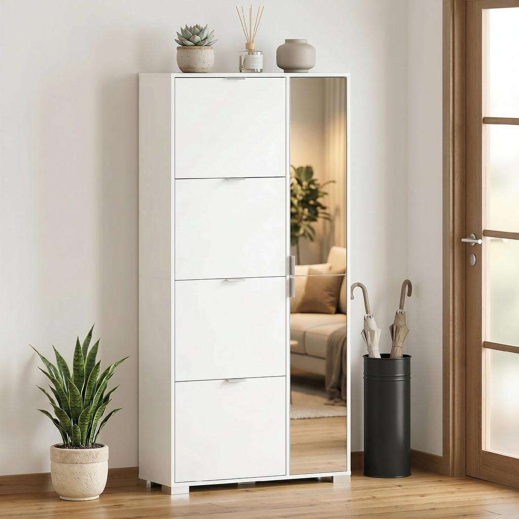 Shoe Rack with Mirror, 4 Flap Drawers, White