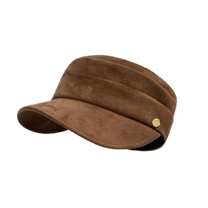 Round Label Pleated Suede Flat Top Equestrian Hat Women'S Season Warm Newsboy Hat Showing Face Ducktongue Beret