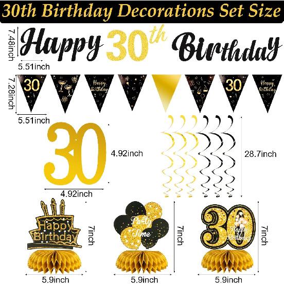 30th Birthday Decorations for Him Pre Assembled Black Gold Happy 30th Birthday Banner, Hanging Swirls and Table Honeycombs Centerpieces for Men 30th