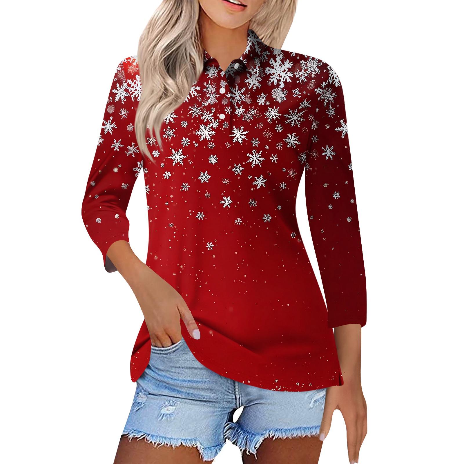 

Women s Fashion Casual Lapel Short 3/4 Sleeve Christmas Print Shirt Women s Button Up Tops XL