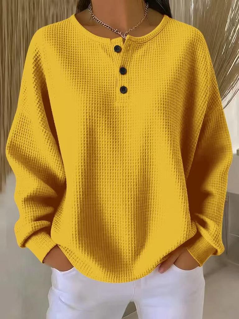Women's Long Sleeve V-Neck Button Detail Waffle Knit Top