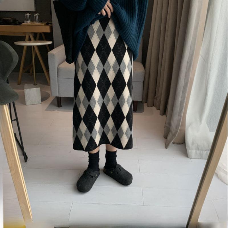 Straight Bodycon Women's Autumn Winter Diamond-Patterned Thickened Stretch Knitted Wool Midi Skirt Plaid Long Half Skirt
