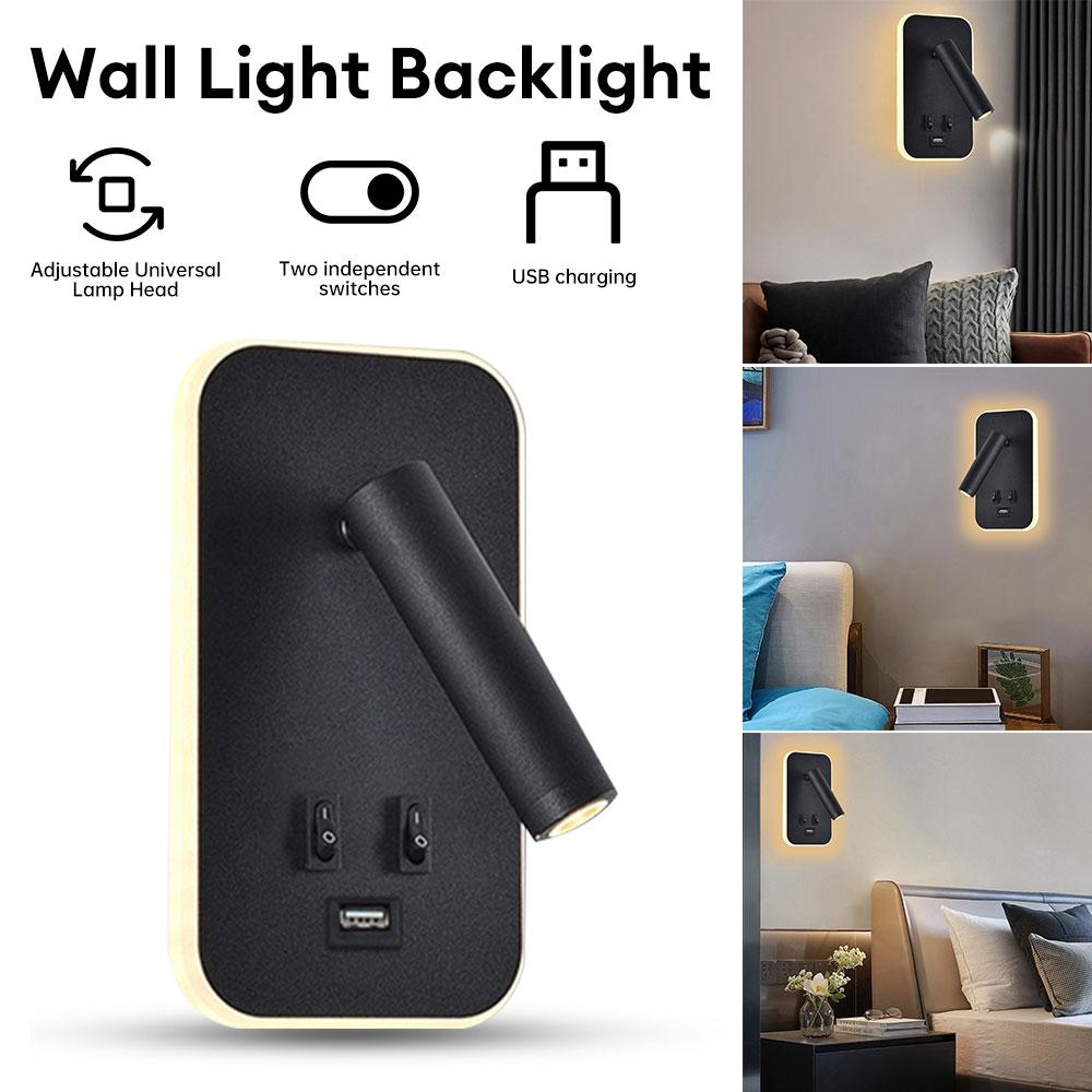 Bedside Wall Lamp Wall Mounted Reading Light with Switch and USB Port Backlight Bedroom Bedside Study Reading Sconce Lamp
