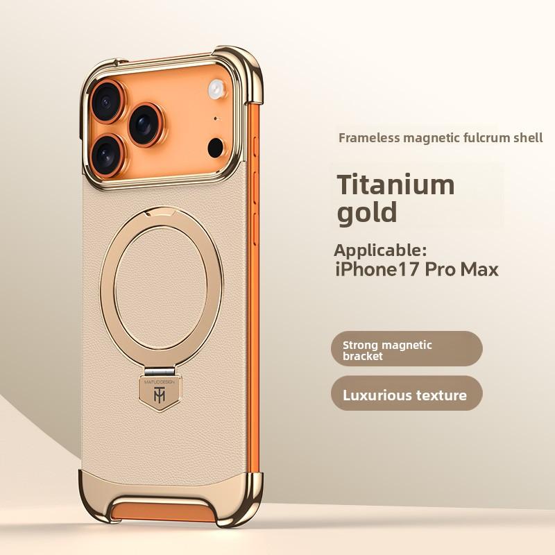 

Роскошный ультратонкий безрамочный магнитный чехол из кожи для iPhone 17 Pro Max 16 Plus 15 14 13 Металлическая подставка-kickstand Чехол iPhone17 Pro Max золотой