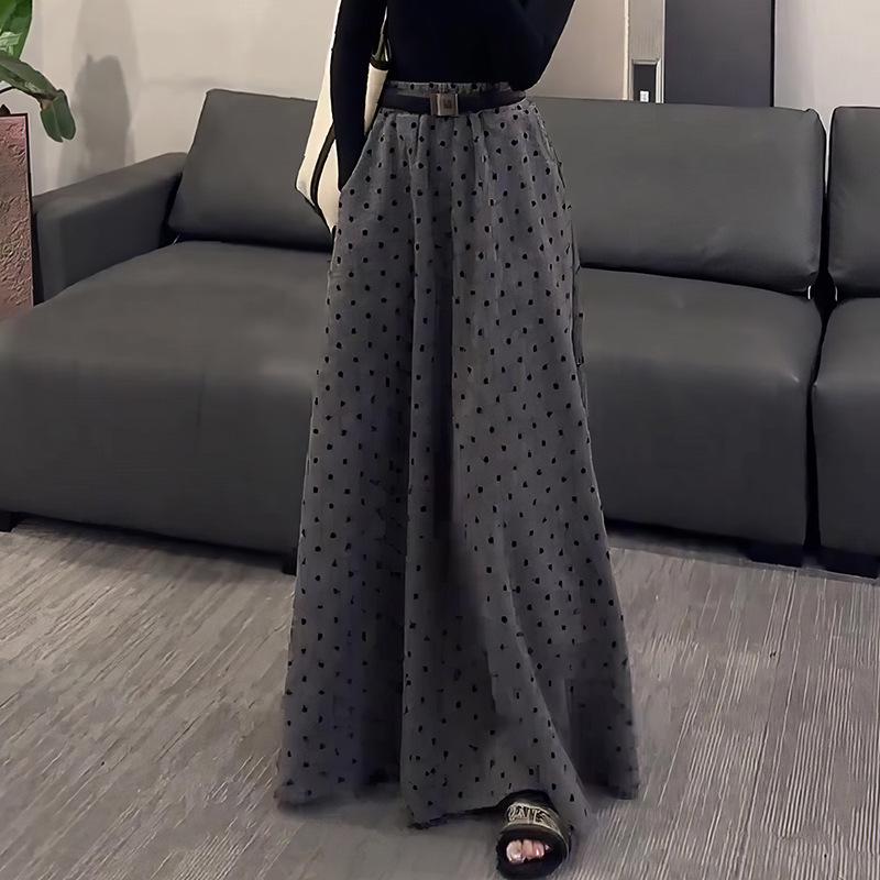 Plus Size Grey Polka Dot Retro Long Skirt - Korean Style, Autumn Collection