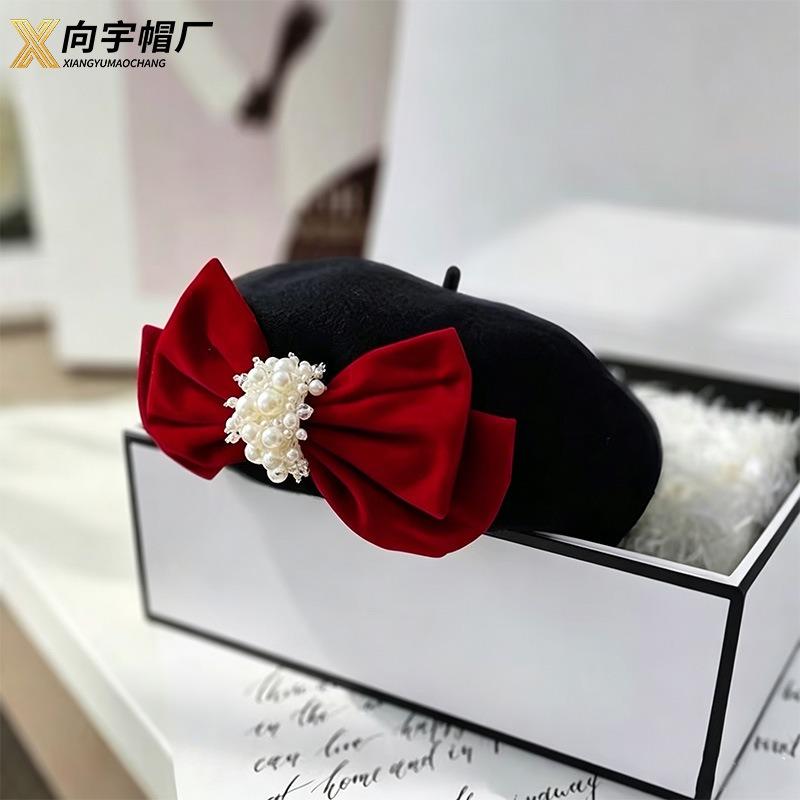 Women S Velvet Bow Pearl Warm Korean Style Beret Hat