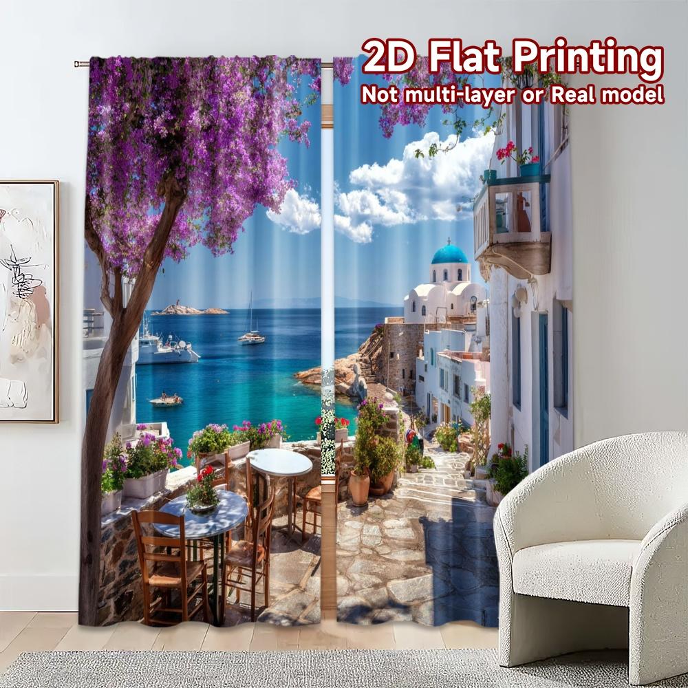 2pcs, 2D FLAT PRINTING Curtains (Without Rod) Santorini Bliss Print Modern Curtains Polyester Curtains Festive Suitable for