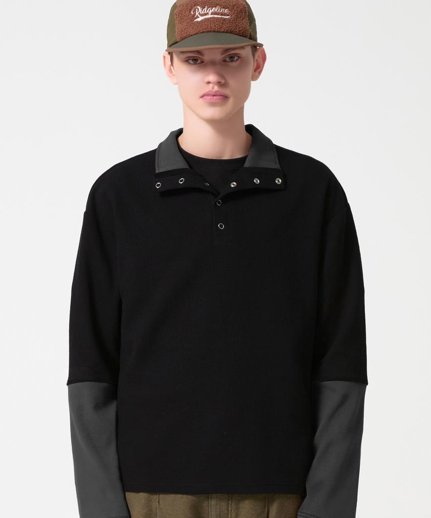 TRILLION Waffle Ring Snap Collar Henley Neck Long Sleeve_Charcoal