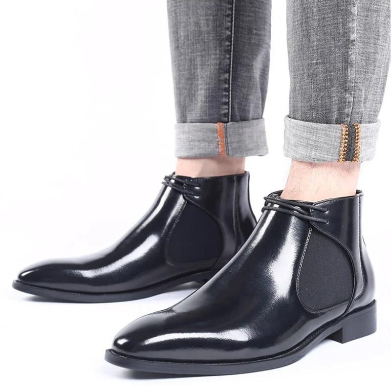 Brand Men's Boots Fashion Pointed Business Boots High Quality Patent Leather Ankle Booties Men Chelsea Boots Dress Leather Botas