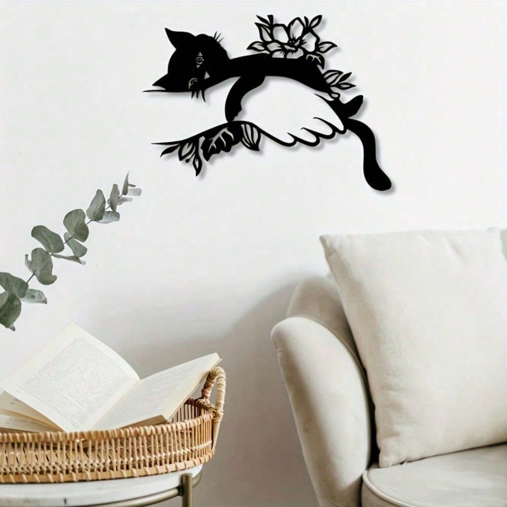 Art Deco Iron Wall Art with Cat and Floral Motif Indoor Outdoor Rust Proof Decor