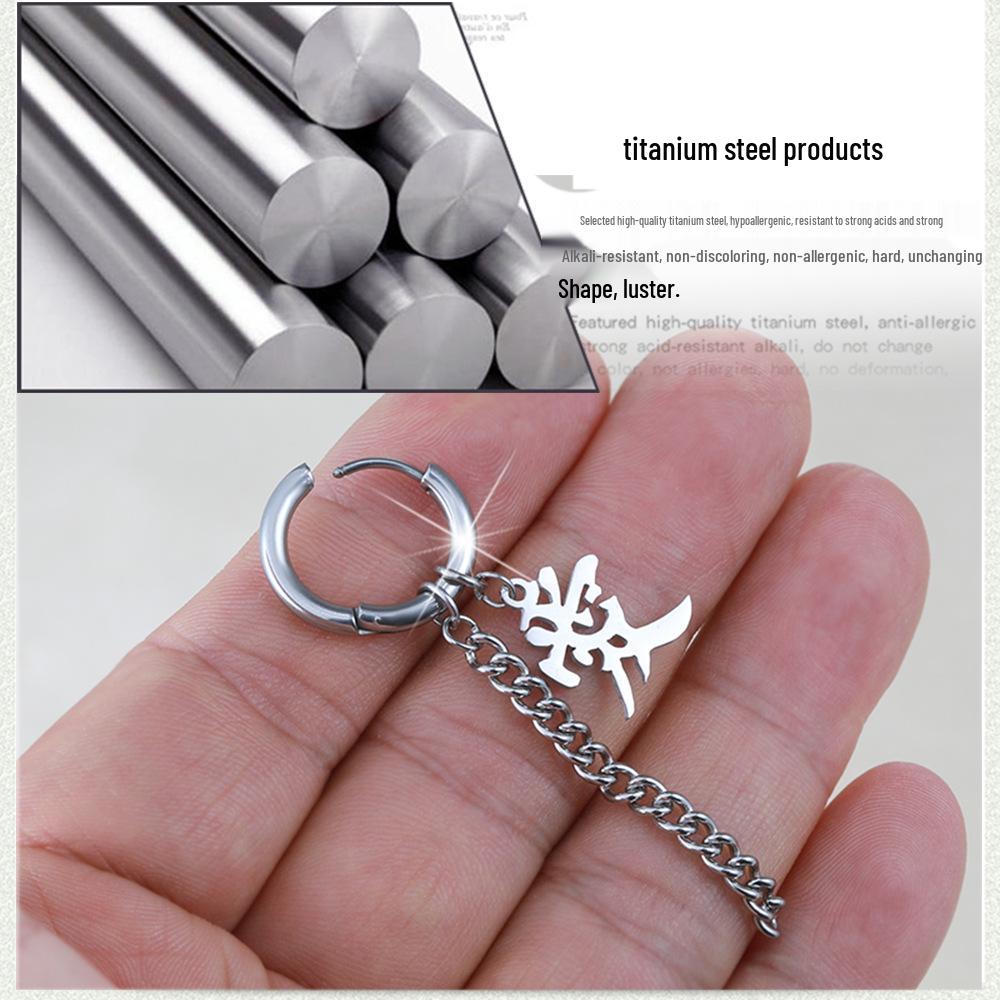 Ohrringe mit Quastenkette im koreanischen Stil, Titan-Creolen zum Klemmen für Männer