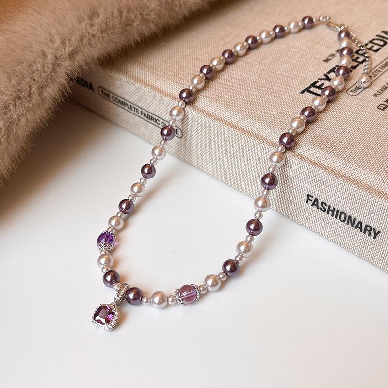 Manta Rose Gold Pearl Necklace with Purple Zirconia Pendant - High-End Luxury Clavicle Chain for Women